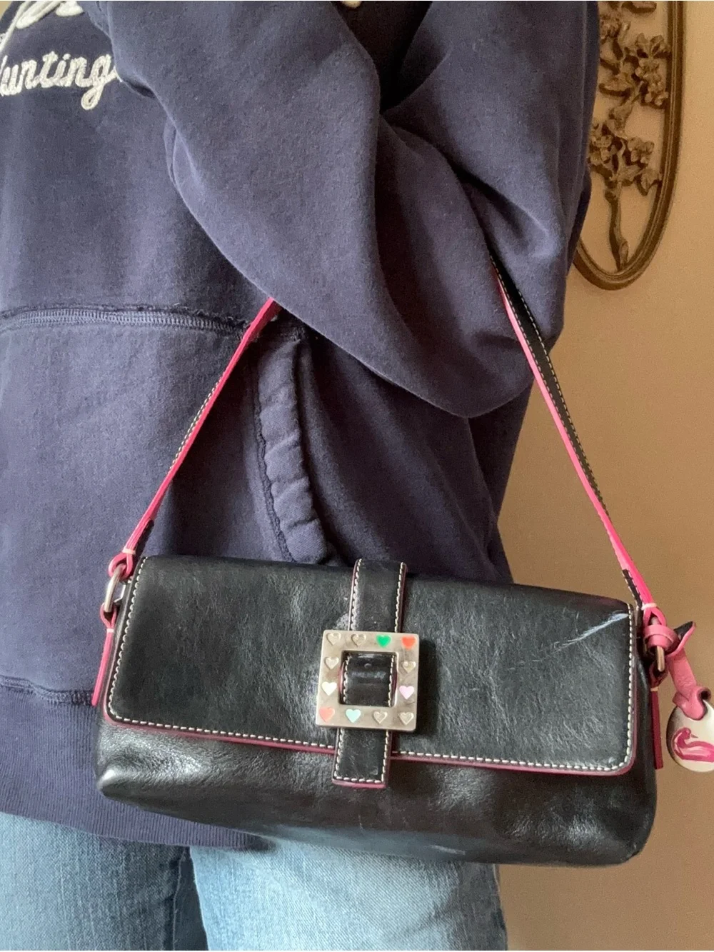 Dooney & Bourke Black Leather Shoulderbag with Silver Heart Enamel Buckle